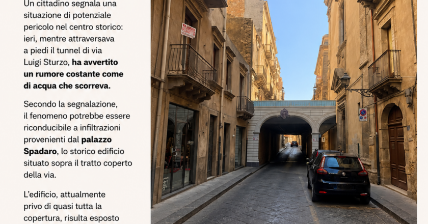 Tunnel di via Luigi Sturzo: una segnalazione richiama l’attenzione sulle possibili infiltrazioni nel Palazzo Spadaro