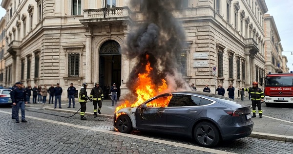 Auto elettrica in fiamme davanti al Viminale, paura in piazza